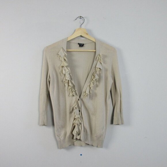 Club Monaco Cardigan Sweater Women S Beige Ruffle Button Up Viscose Blend 132 - Picture 2 of 8